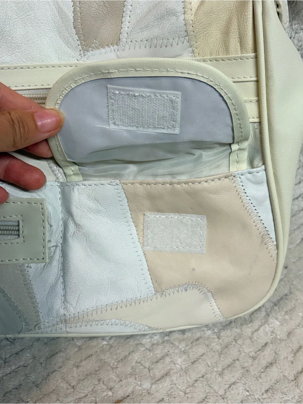 Vintage Patchwork Lambskin Leather Crossbody Bag Cream Beige Boho Y2K 90s